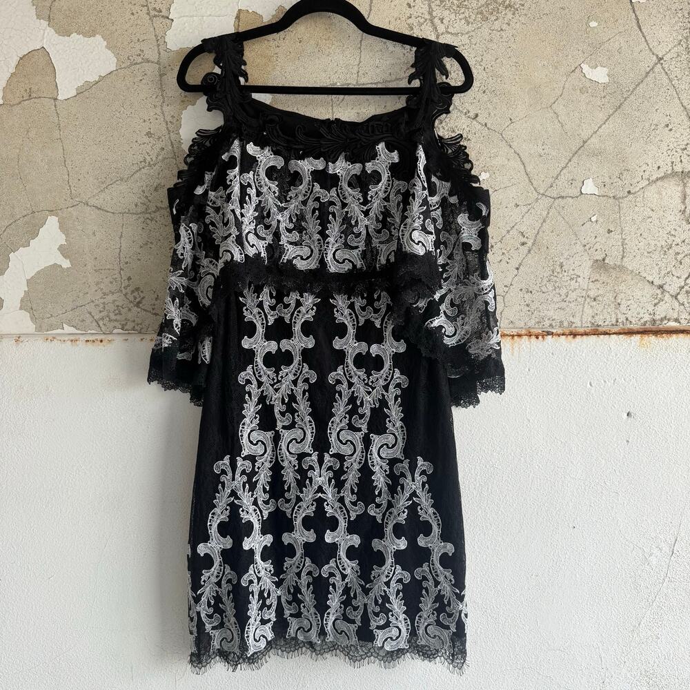 Kobi Halperin Dress Embroidered Lace Cold Shoulder Cocktail Mini Black White 2